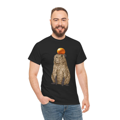 Unisex graphic T-shirt, black crewneck with capybara and orange top print