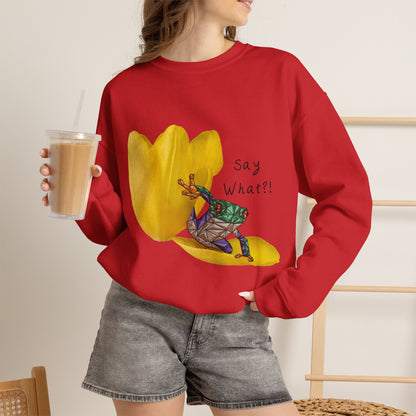 Red crewneck sweatshirt with yellow tulip frog graphic and “Say What?!” on the chest