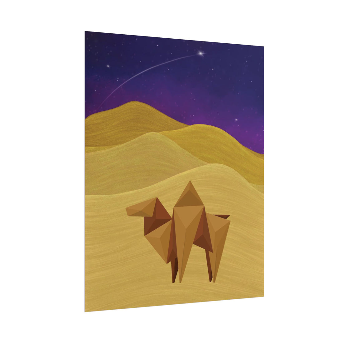 Desert origami camel poster with geometric camel in gold sand dunes under starry purple sky