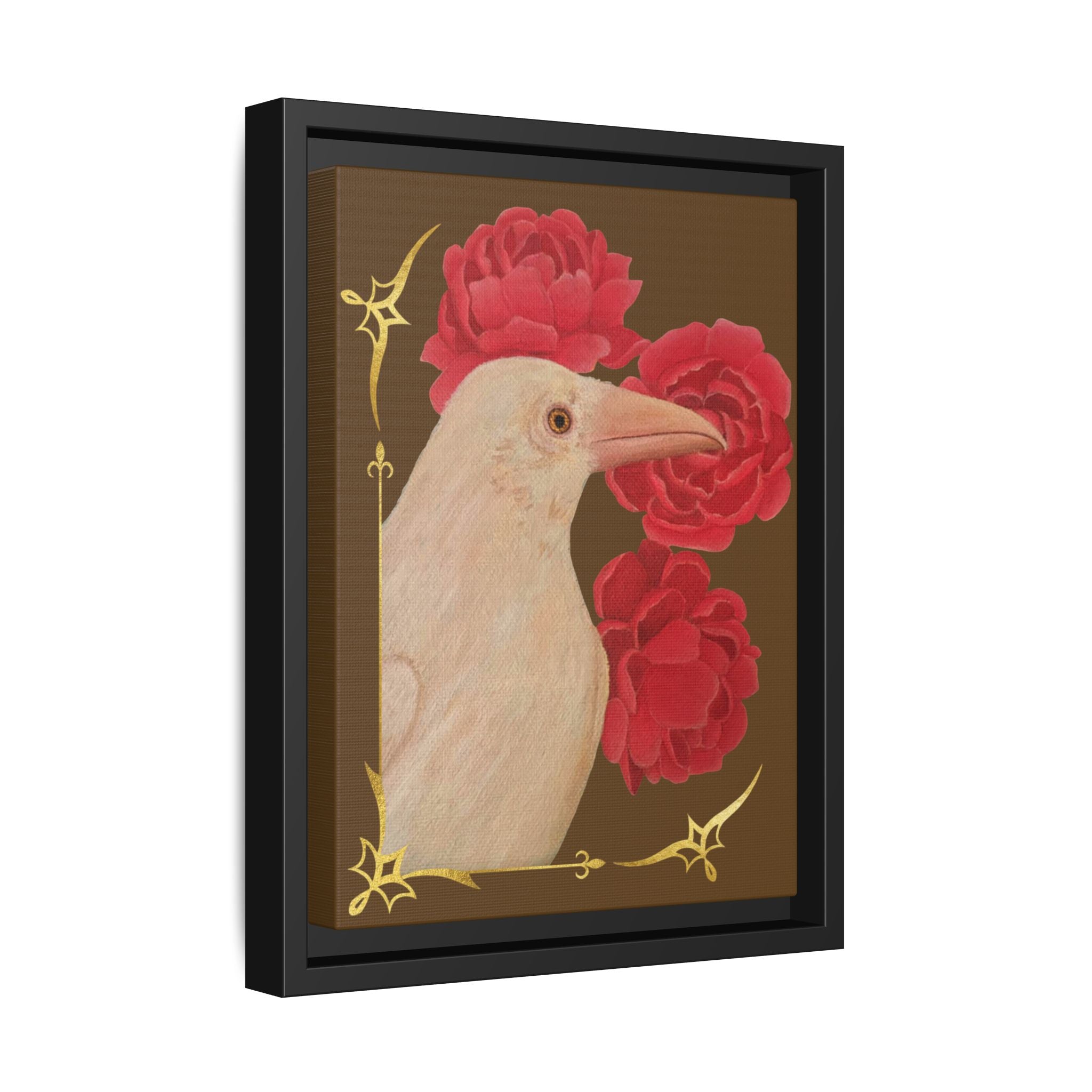 Framed matte canvas wall art showing a white bird and red peonies, black frame