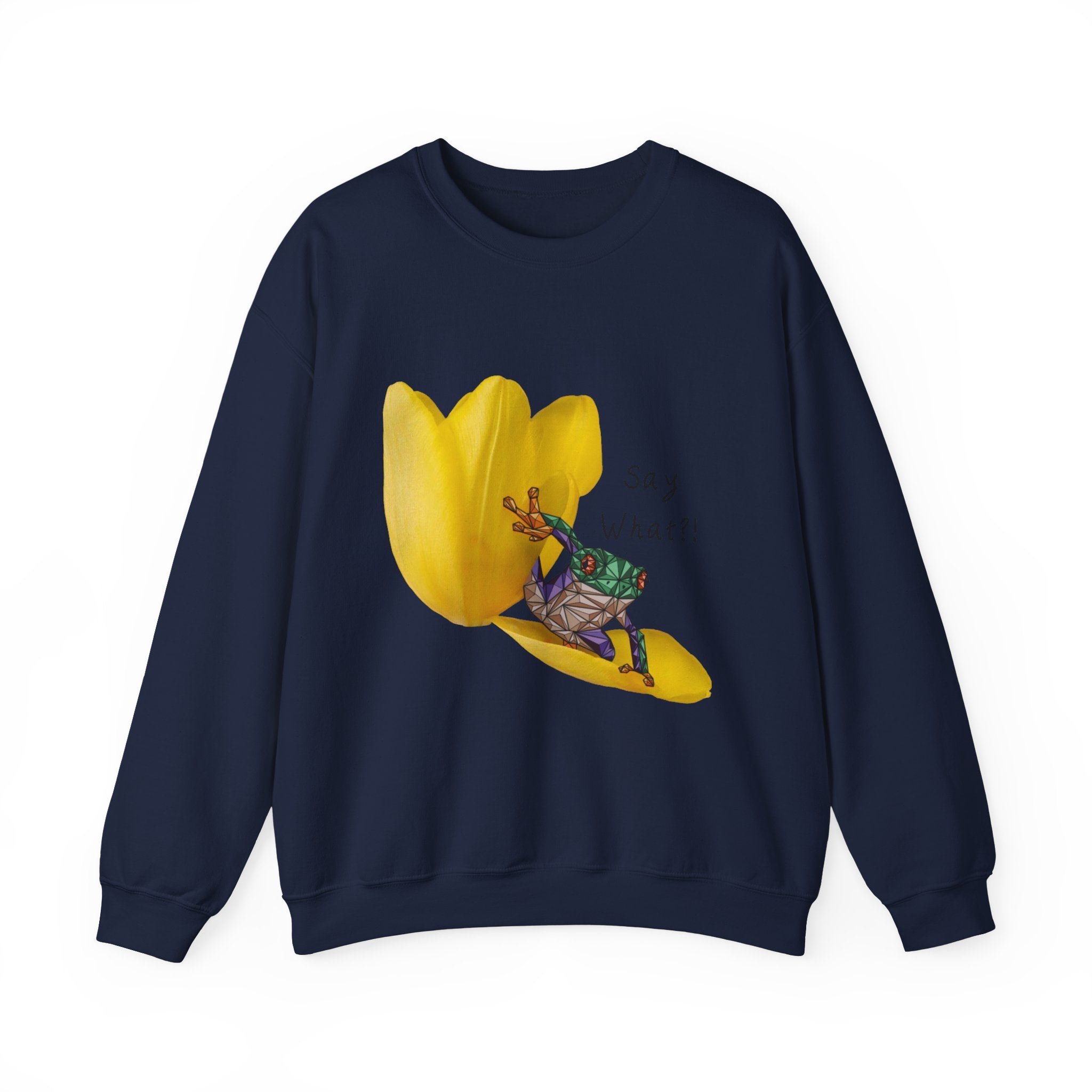Navy crewneck sweatshirt with yellow tulip frog graphic and “Say What?!” text