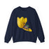 Navy crewneck sweatshirt with yellow tulip frog graphic and “Say What?!” text