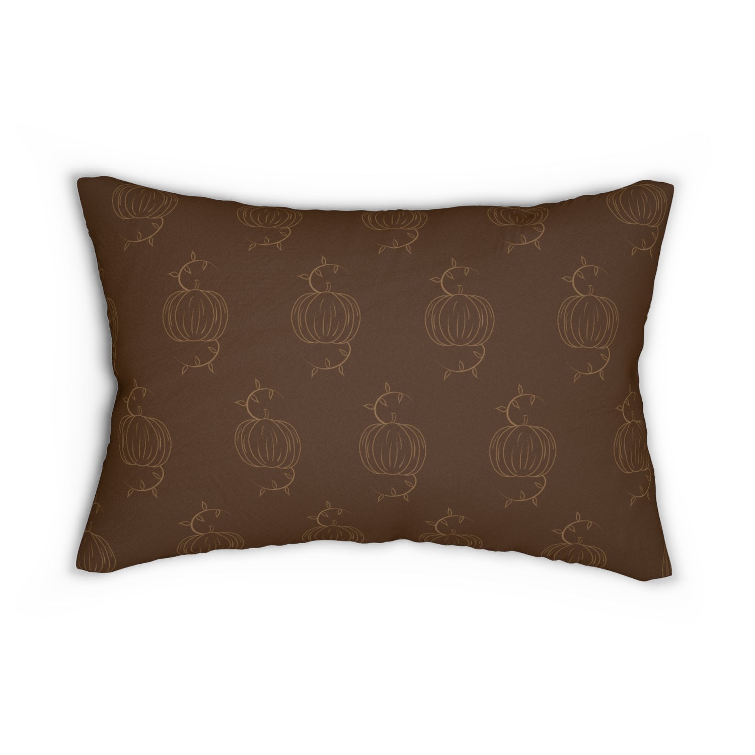 Brown lumbar pillow featuring repeating tan pumpkin linework pattern