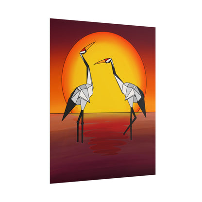 Sunset origami crane poster showing two cranes in geometric paper style with orange circle