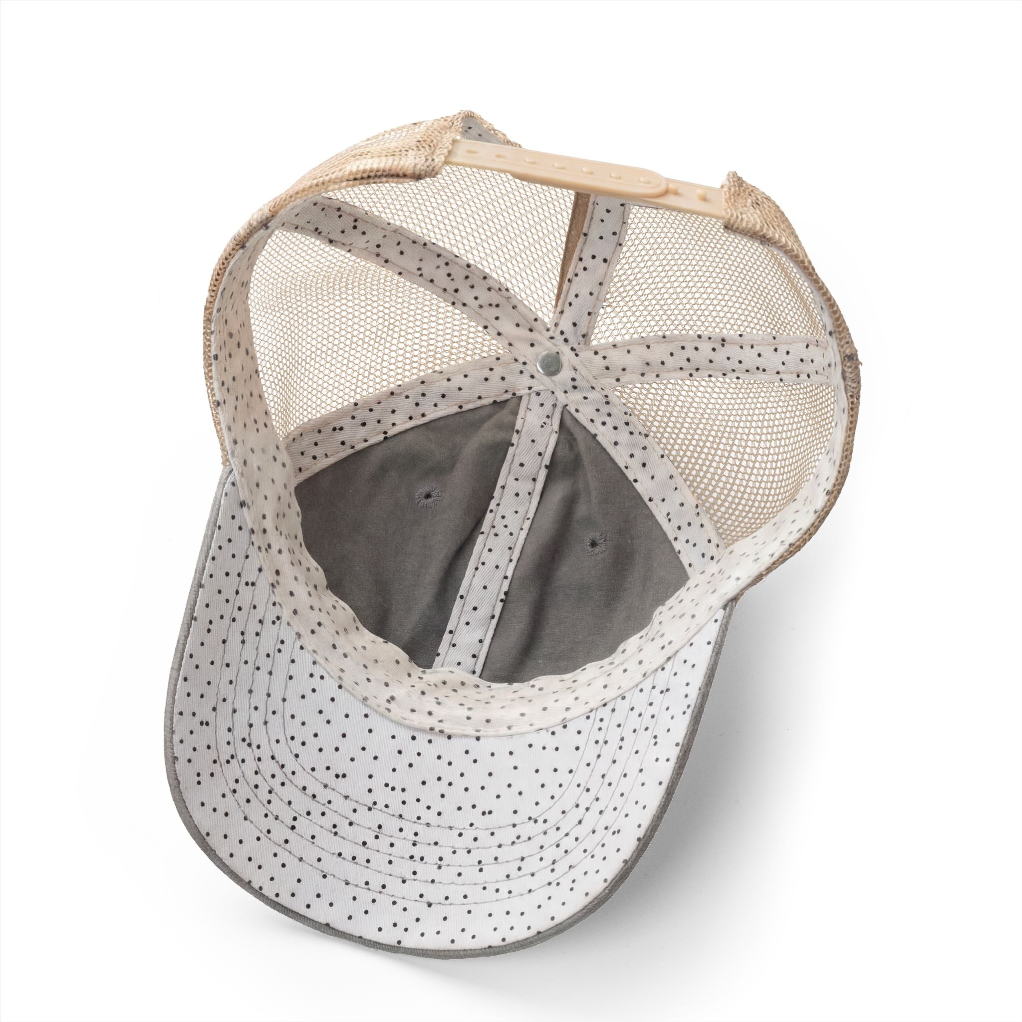Washed mesh-back cap with speckled and solid gray patchwork panels and mesh back