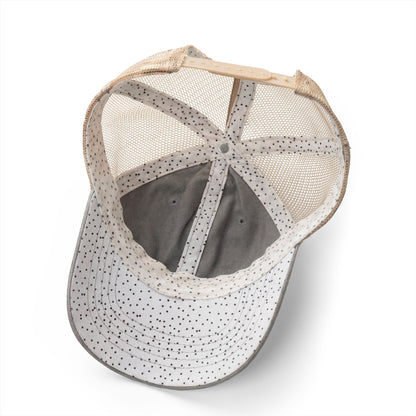 Washed mesh-back cap with speckled and solid gray patchwork panels and mesh back