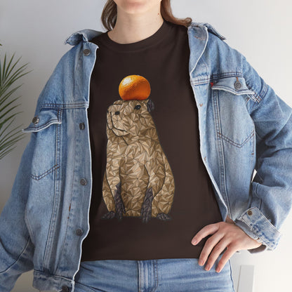 Unisex heavy cotton capybara t-shirt, dark brown, worn with blue denim jacket