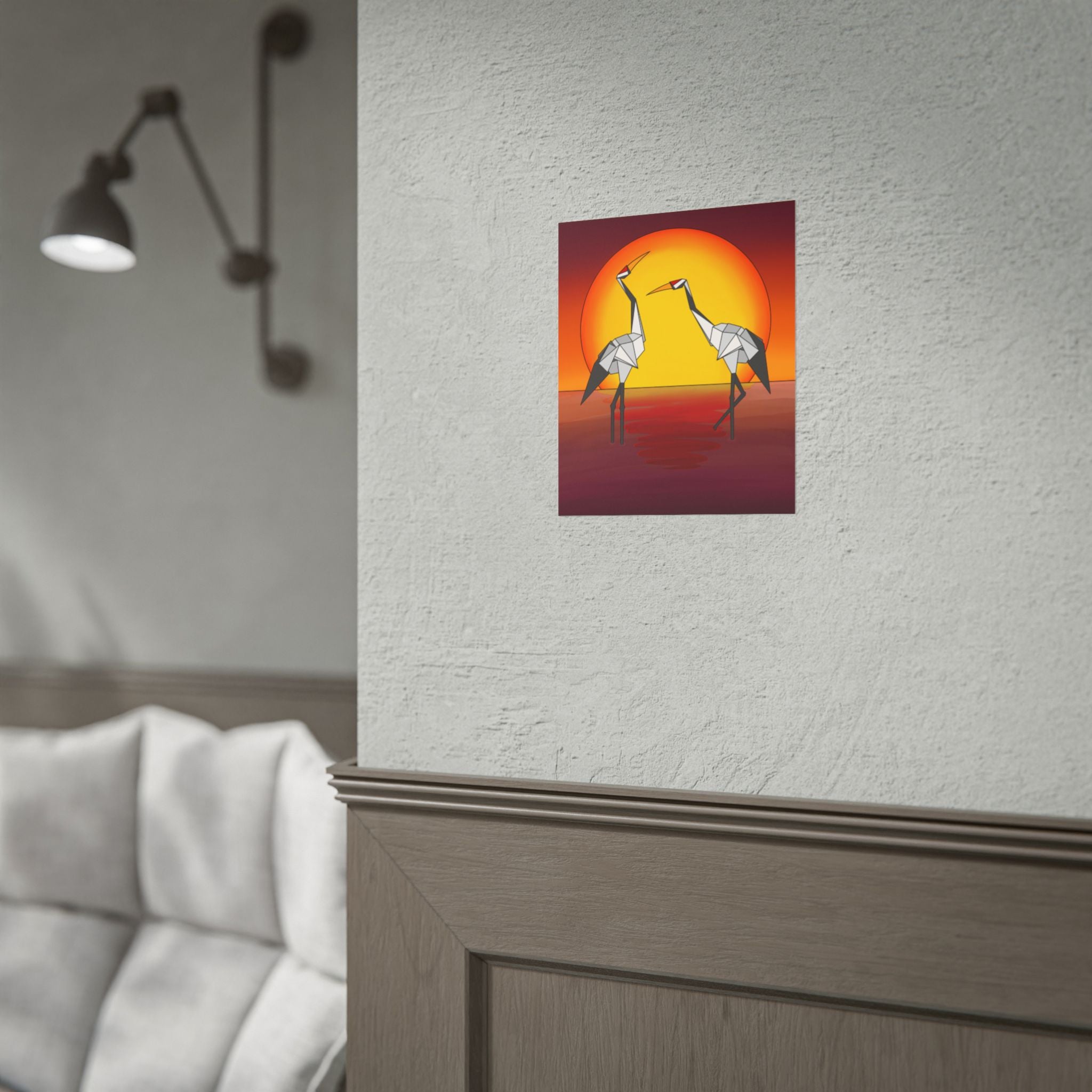 Mounted square sunset origami crane poster with two yellow cranes and orange glowing halo