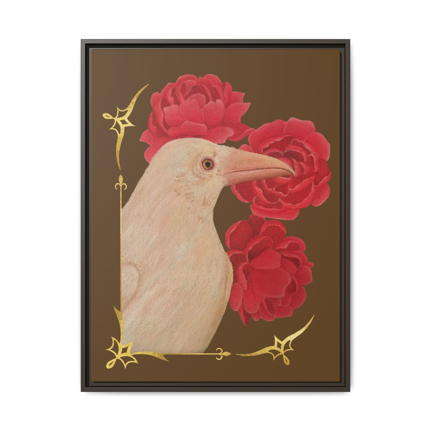 Framed canvas art print of a white raven with red peonies, black frame
