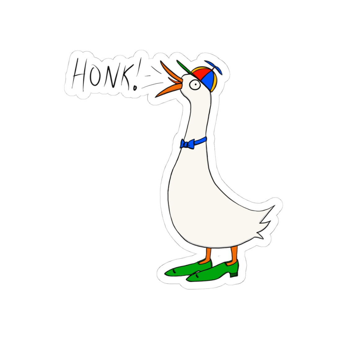 Cartoon goose kiss-cut sticker with “HONK!” speech text, green shoes, and blue belt