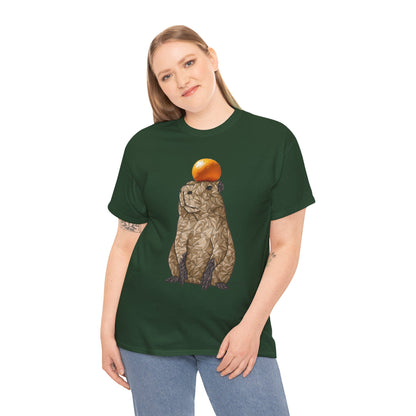 Unisex dark green T-shirt with centered geometric capybara graphic and orange cap