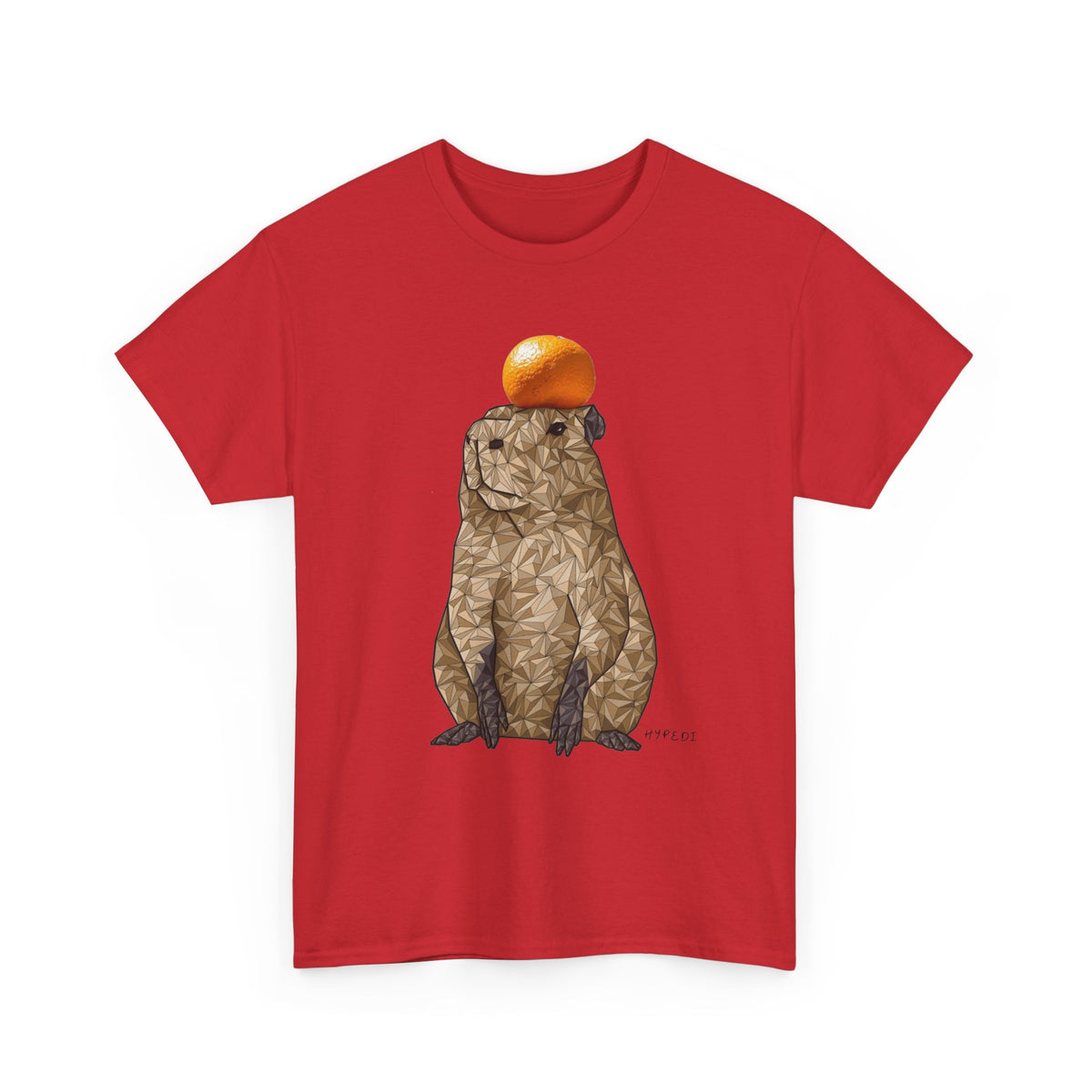Red unisex T-shirt with centered capybara graphic holding an orange