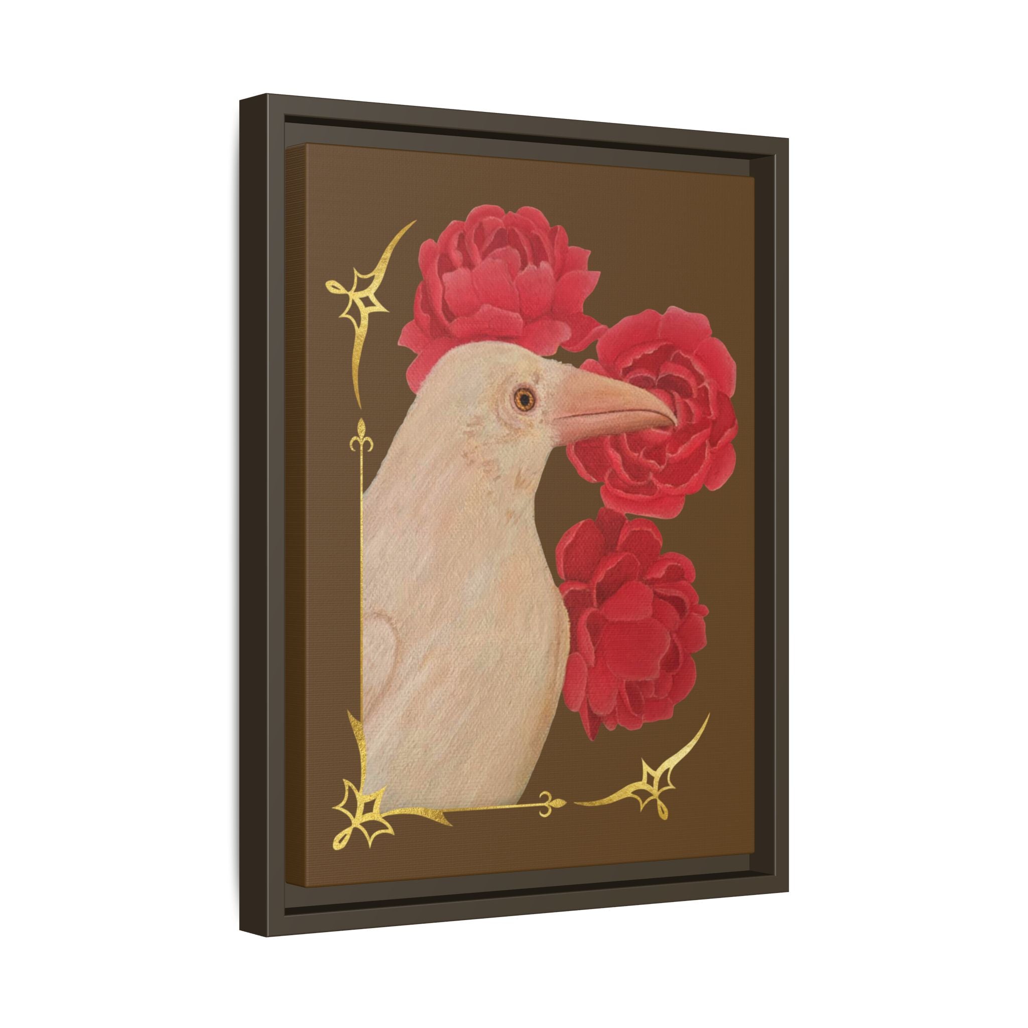 Framed matte canvas wall art with white bird and red peonies, black frame