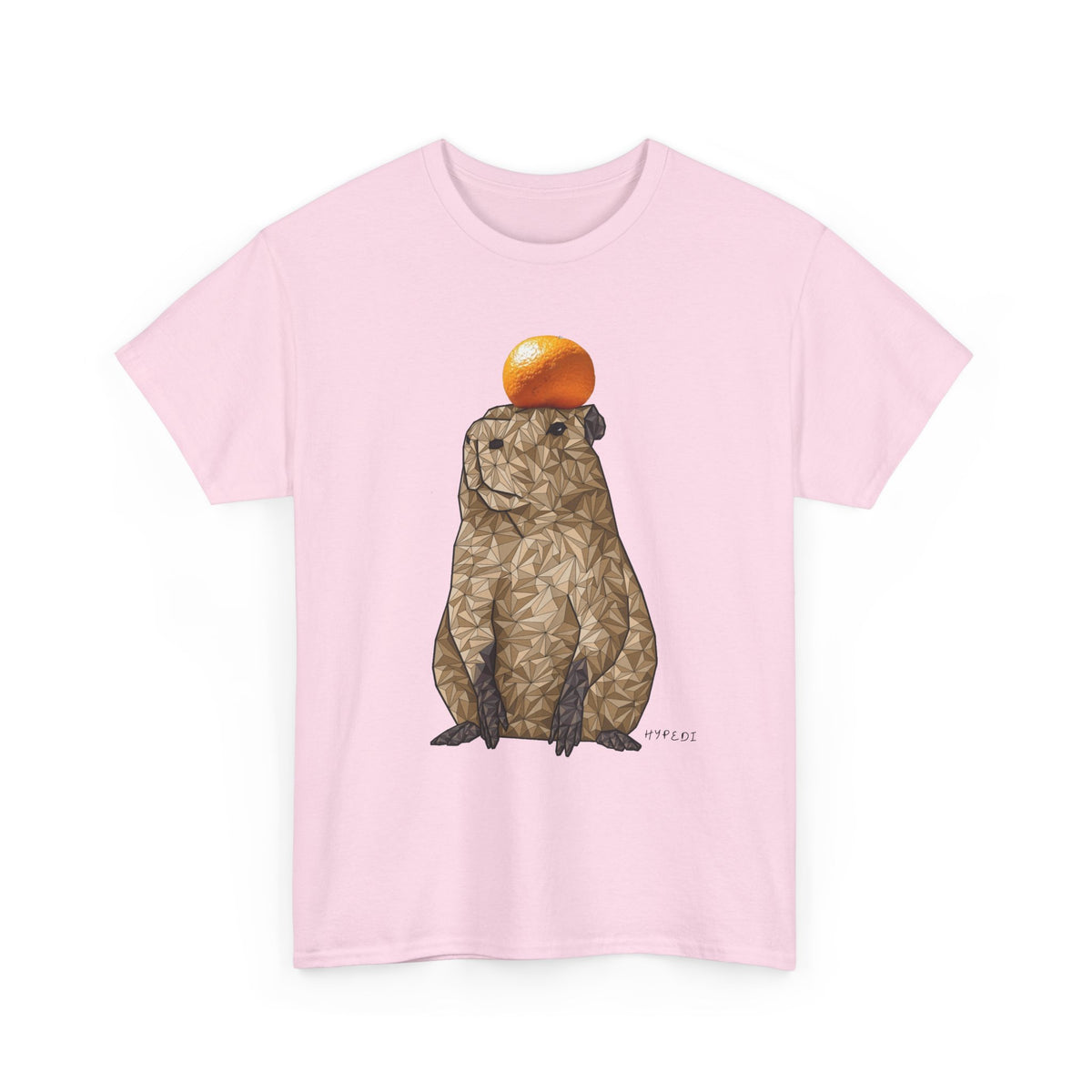 Unisex heavy cotton T-shirt, light pink, capybara graphic with orange top