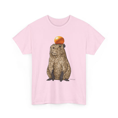 Unisex heavy cotton T-shirt, light pink, capybara graphic with orange top