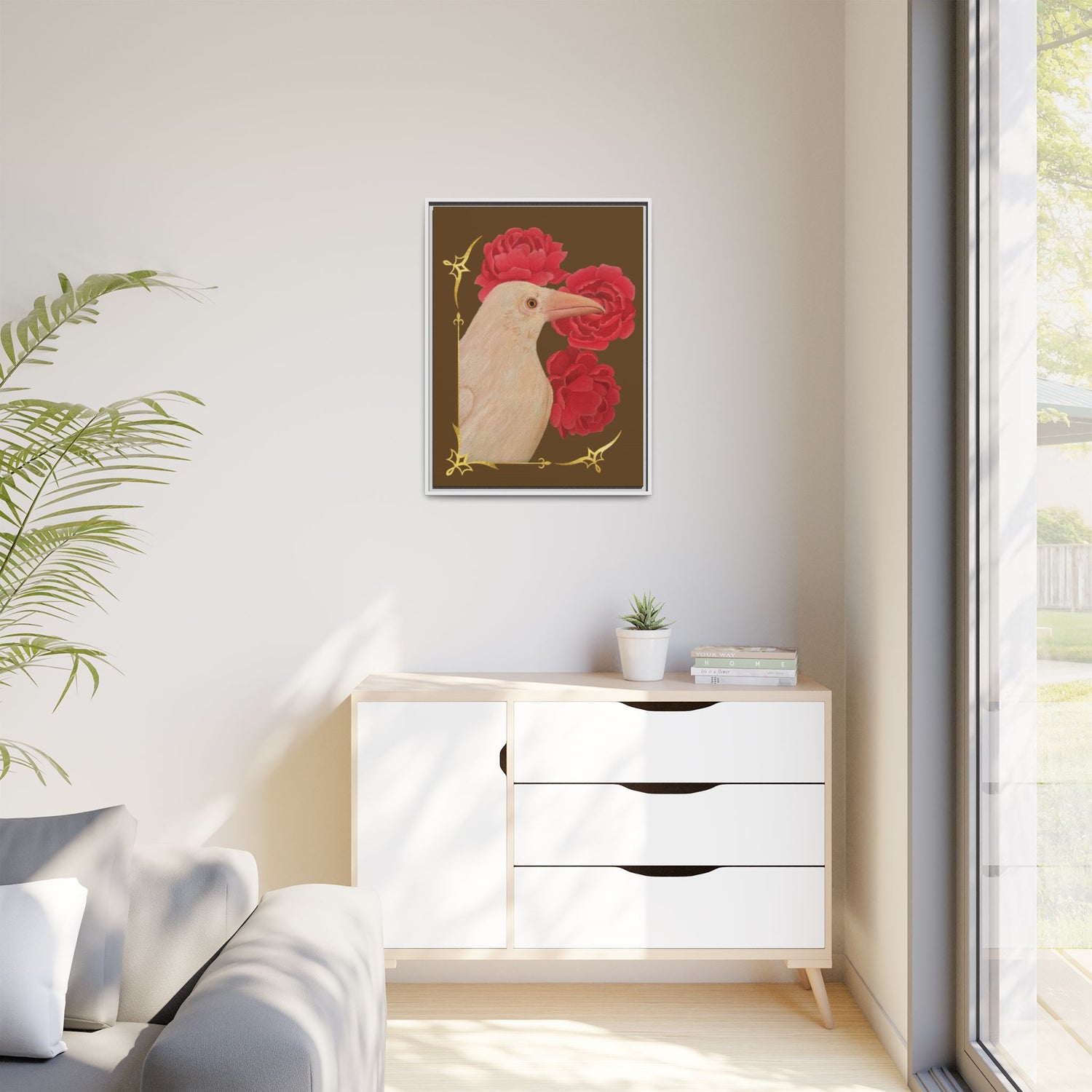 Framed matte canvas print with white bird and red peonies, centered black frame