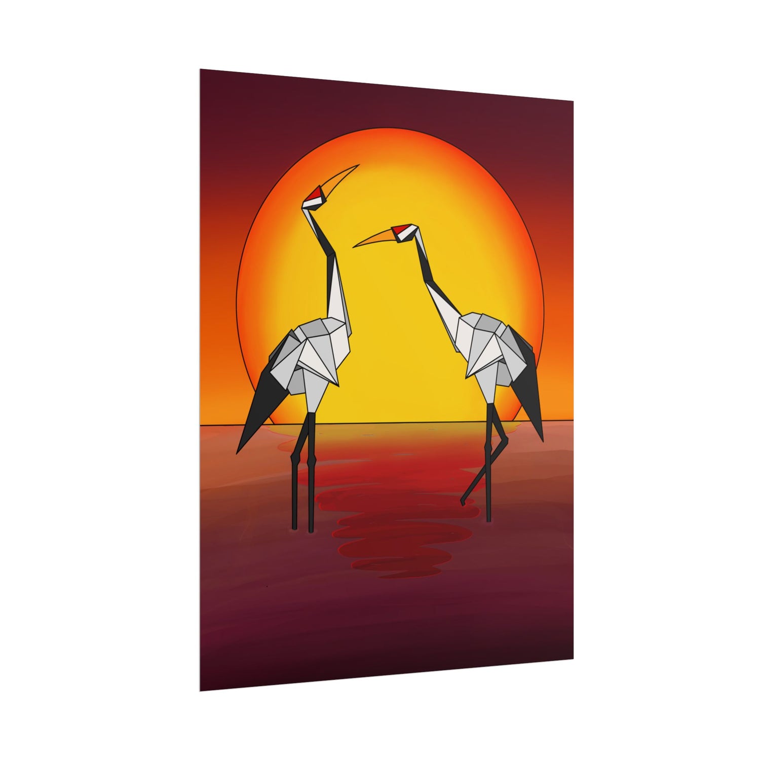 Origami cranes sunset poster with two cranes, glowing sun, and mirrored water effect