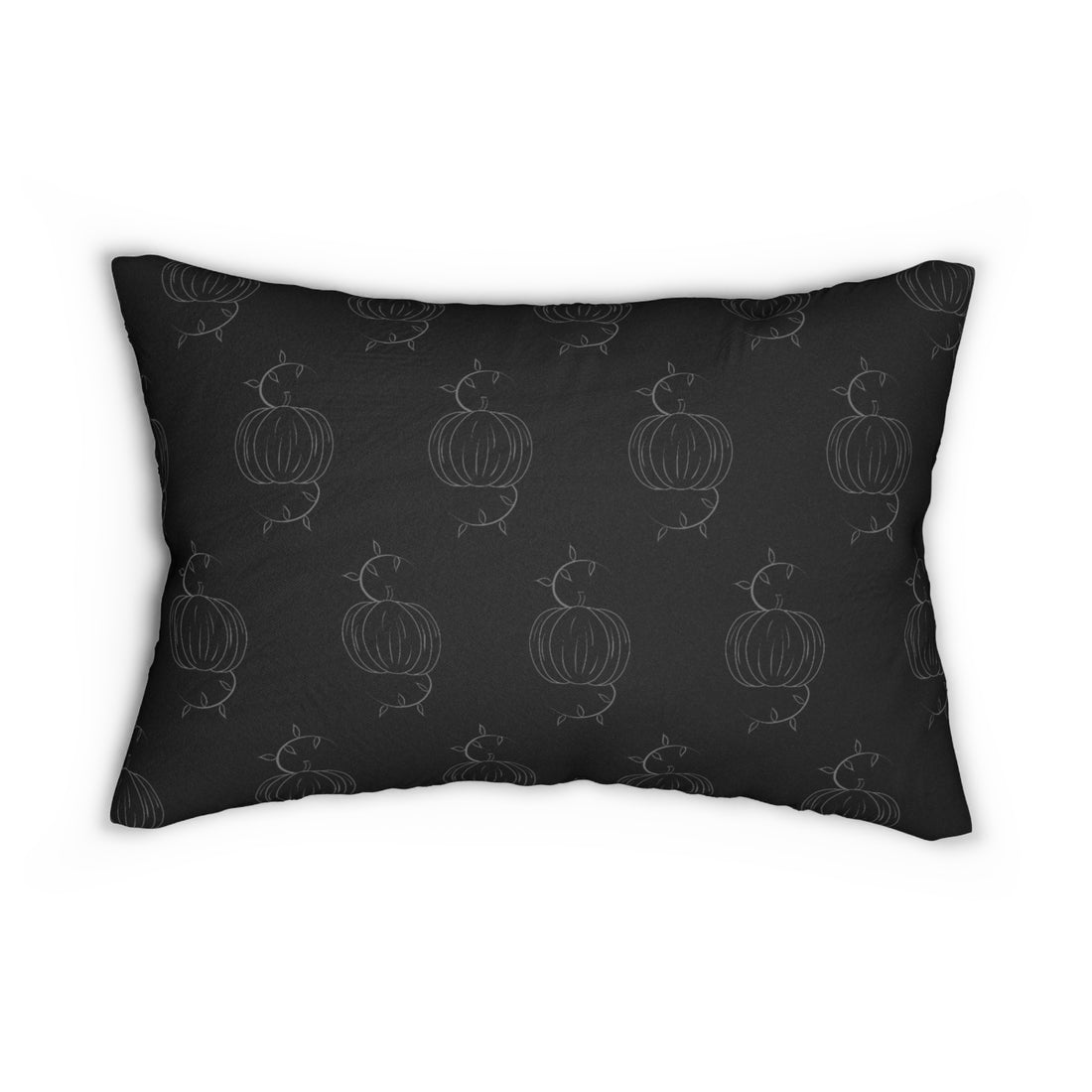 Black lumbar pillow with repeating pumpkin outline pattern