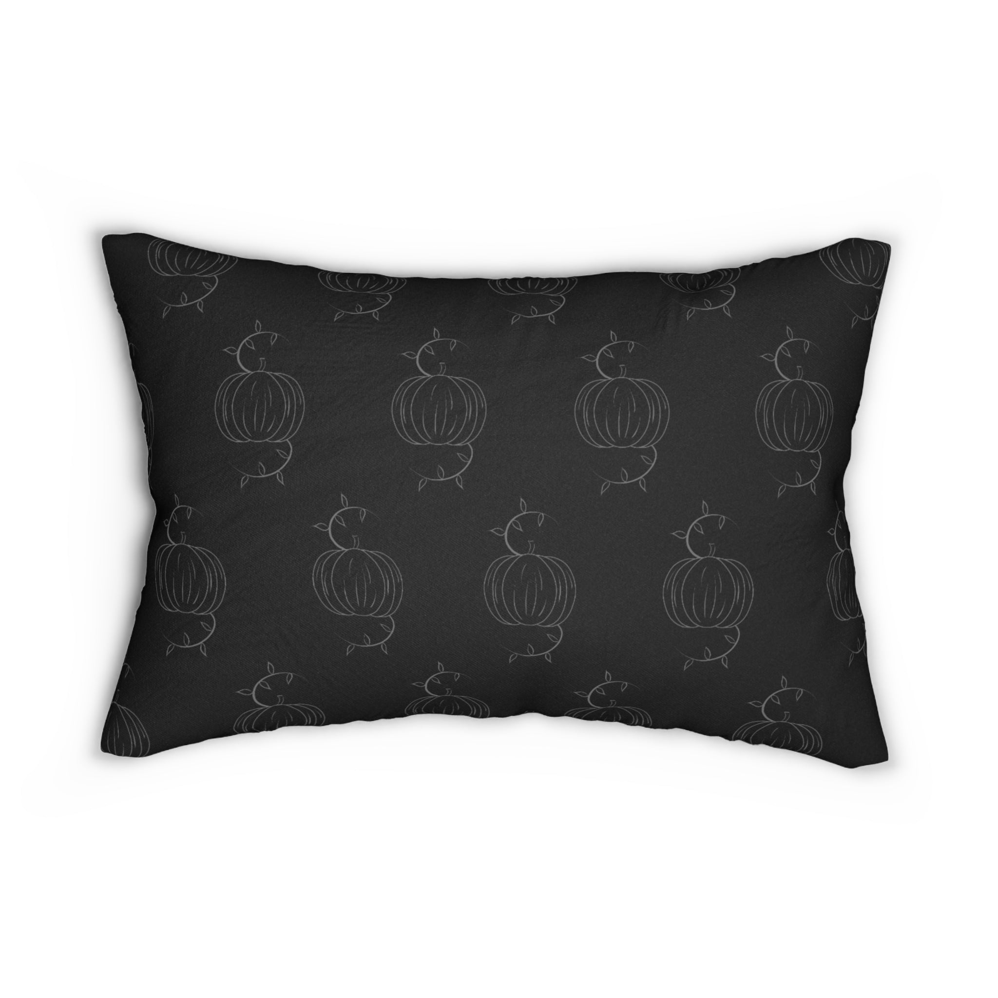 Black lumbar pillow with repeating pumpkin outline pattern