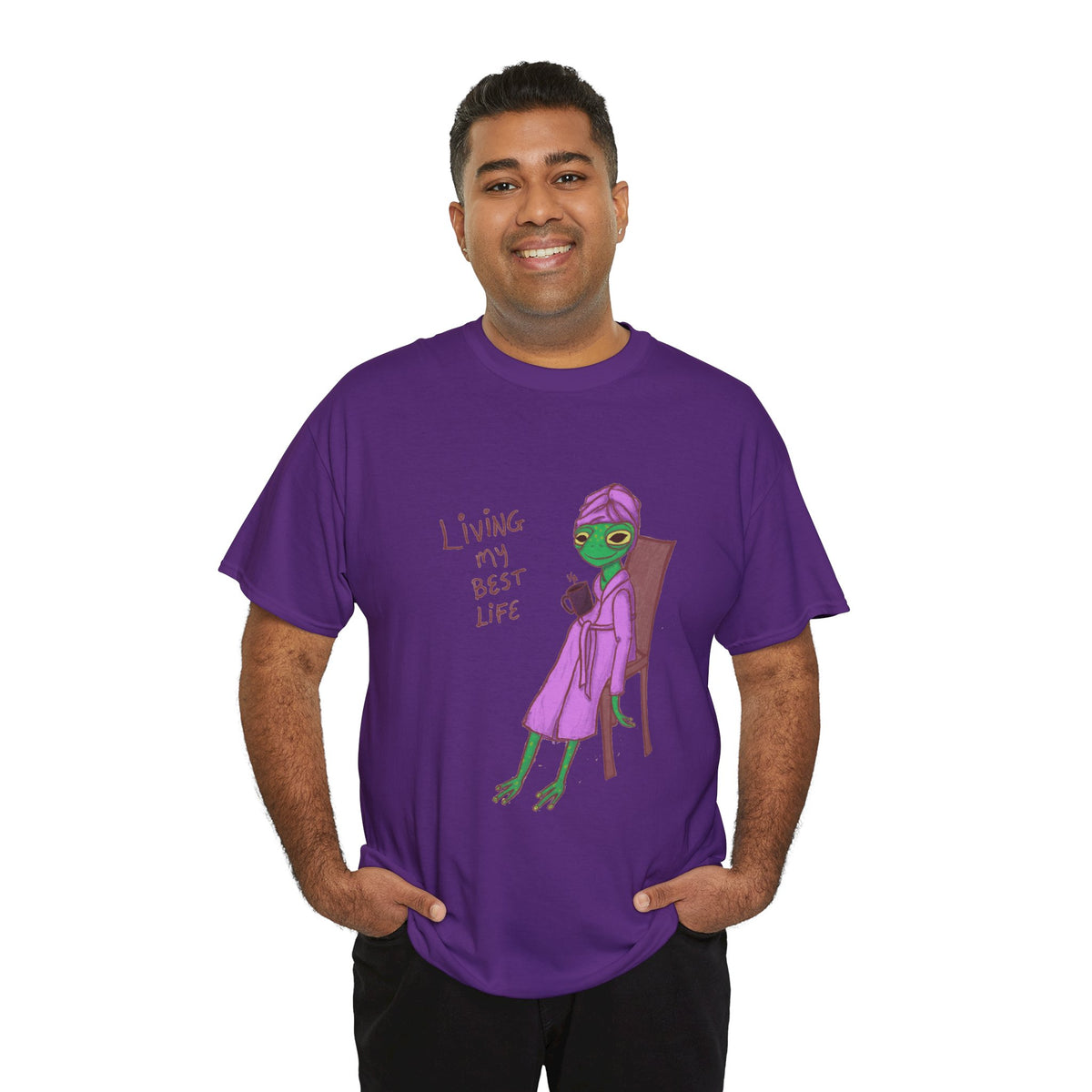 Purple graphic T-shirt worn by man, “Living my Best Life” character graphic
