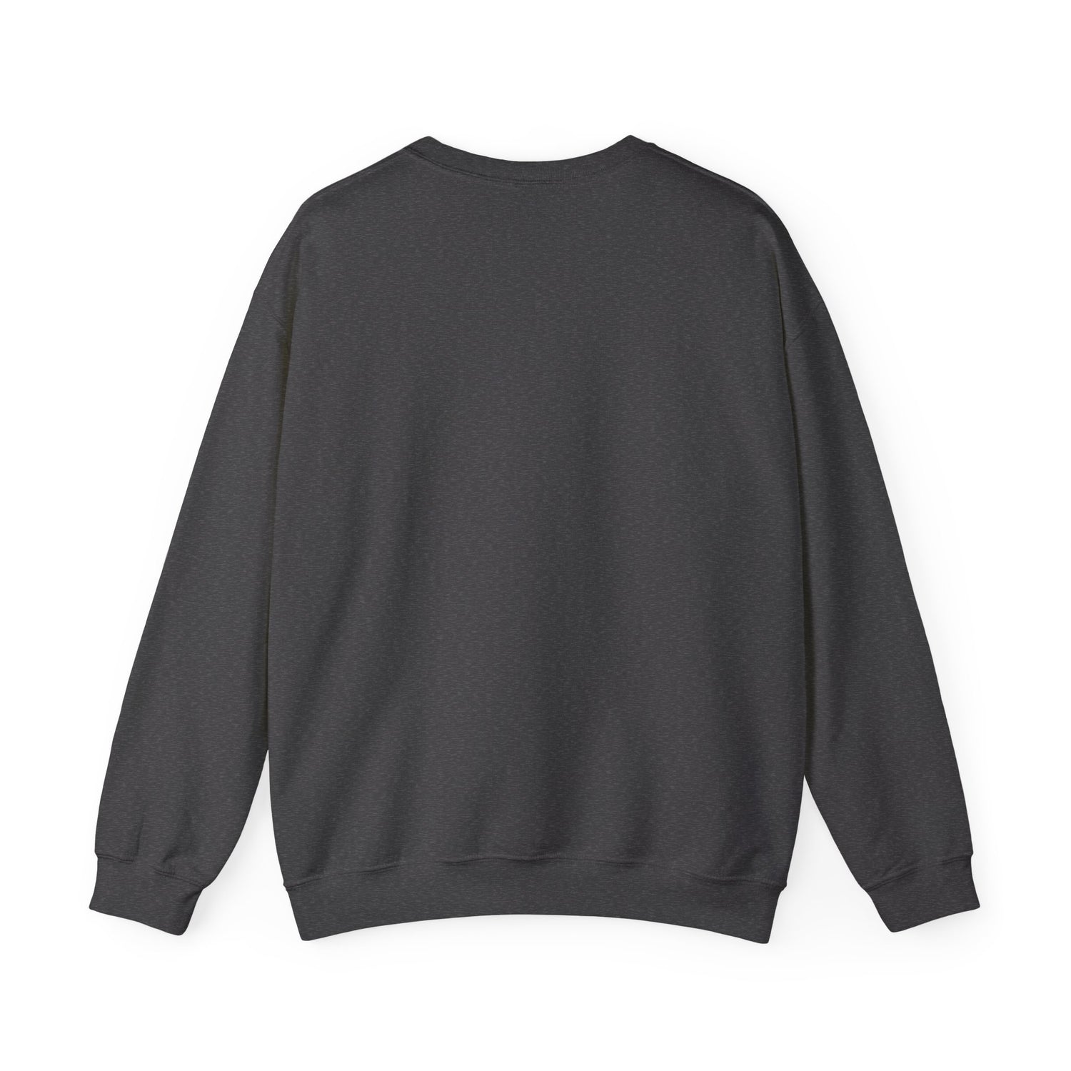Dark heather gray crewneck sweatshirt, back view with long sleeves and ribbed hem and cuffs