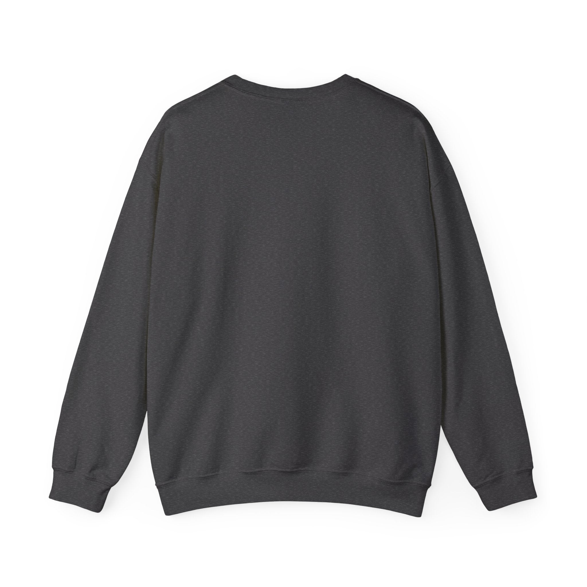 Dark heather gray crewneck sweatshirt, back view with long sleeves and ribbed hem and cuffs