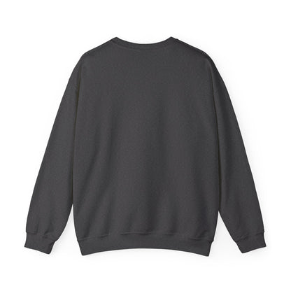 Dark heather gray crewneck sweatshirt, back view with long sleeves and ribbed hem and cuffs