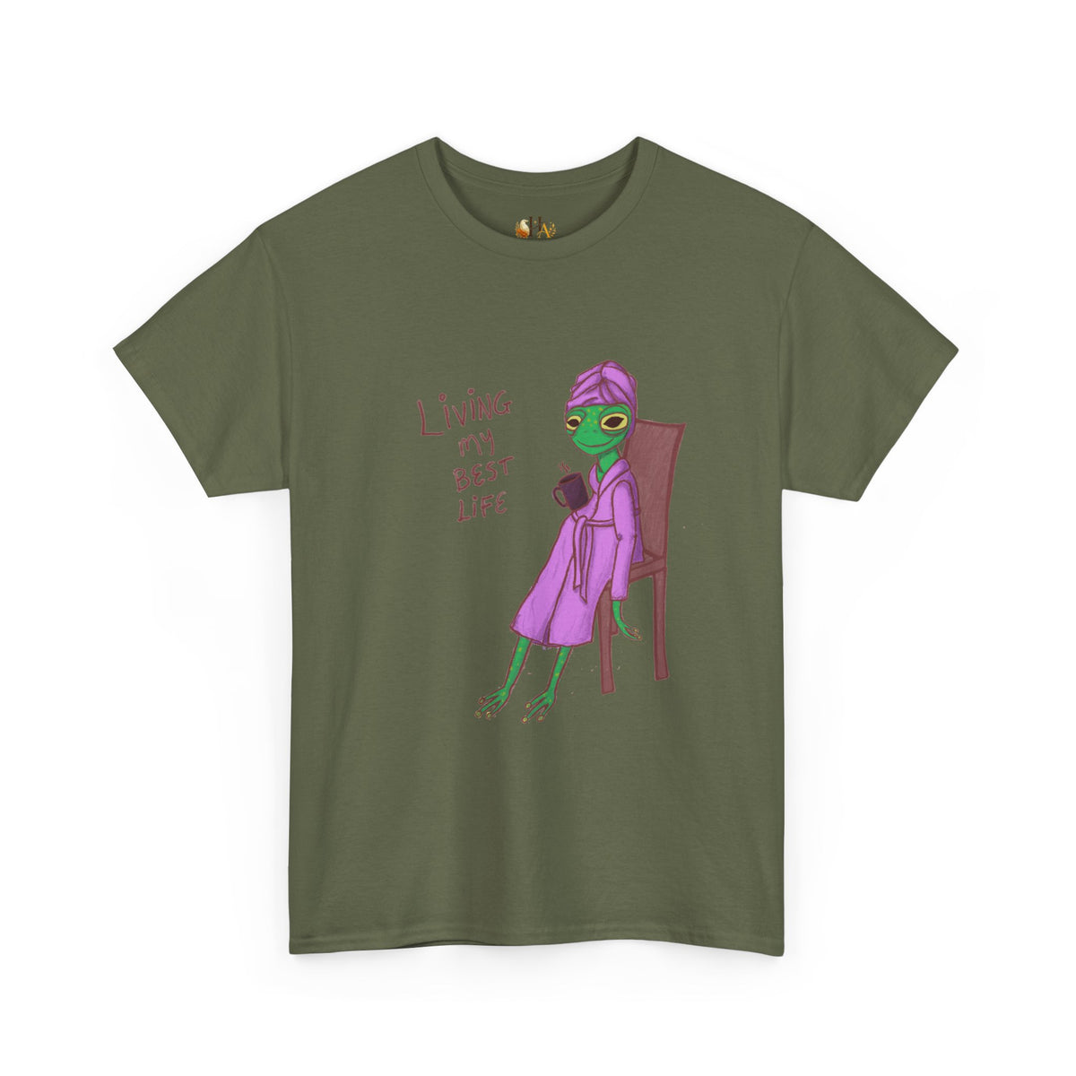 Forest green graphic t-shirt with purple alien-girl character and &
