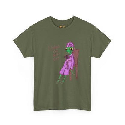 Forest green graphic t-shirt with purple alien-girl character and &