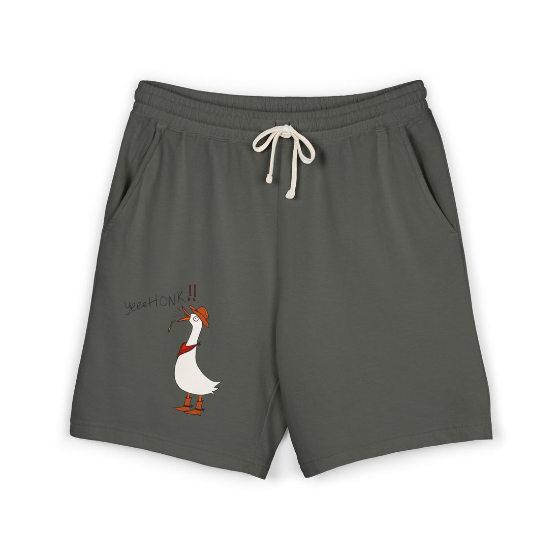 Dark gray graphic sweat shorts with drawstring waistband and cartoon goose print
