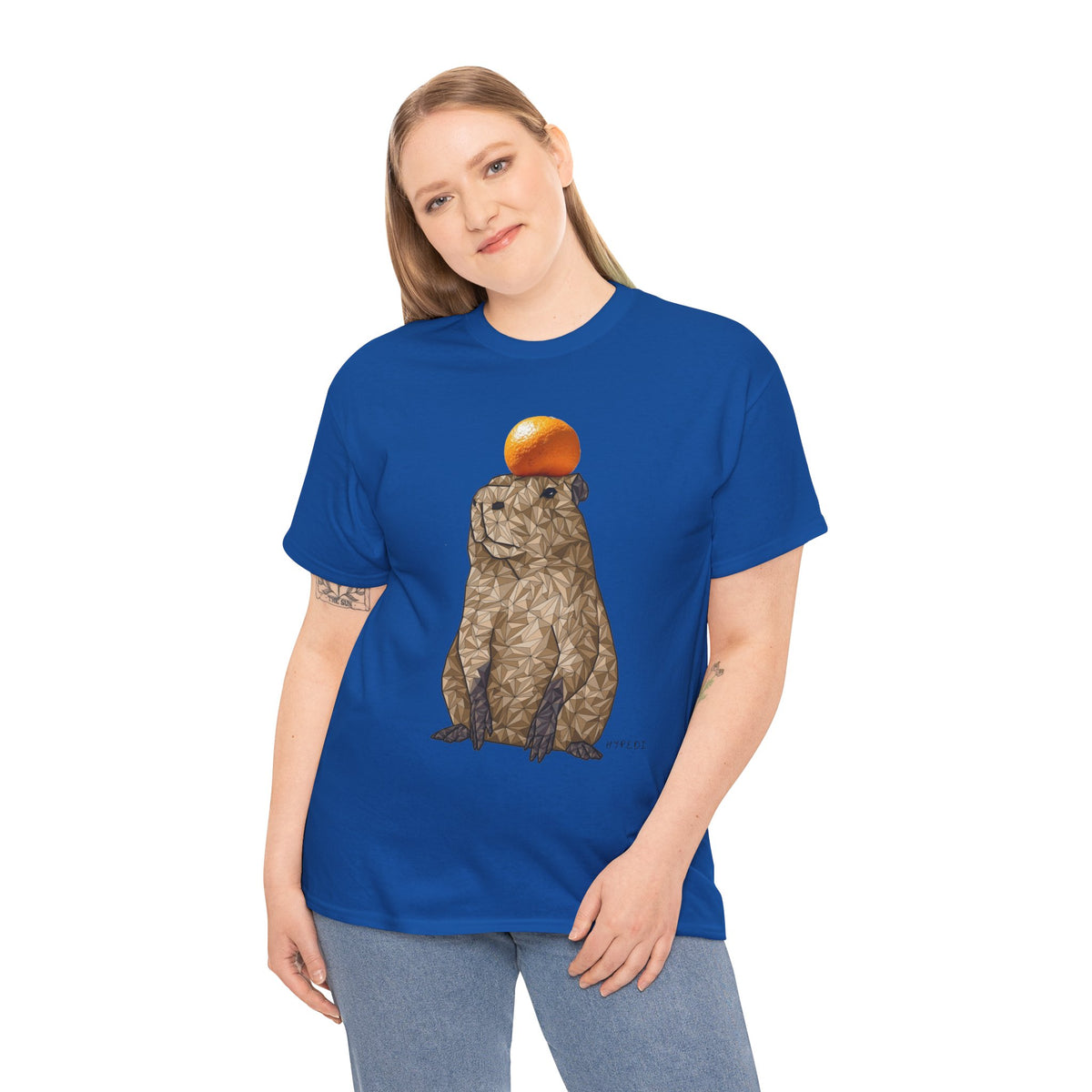 Royal blue unisex crewneck T-shirt with orange-capped capybara graphic