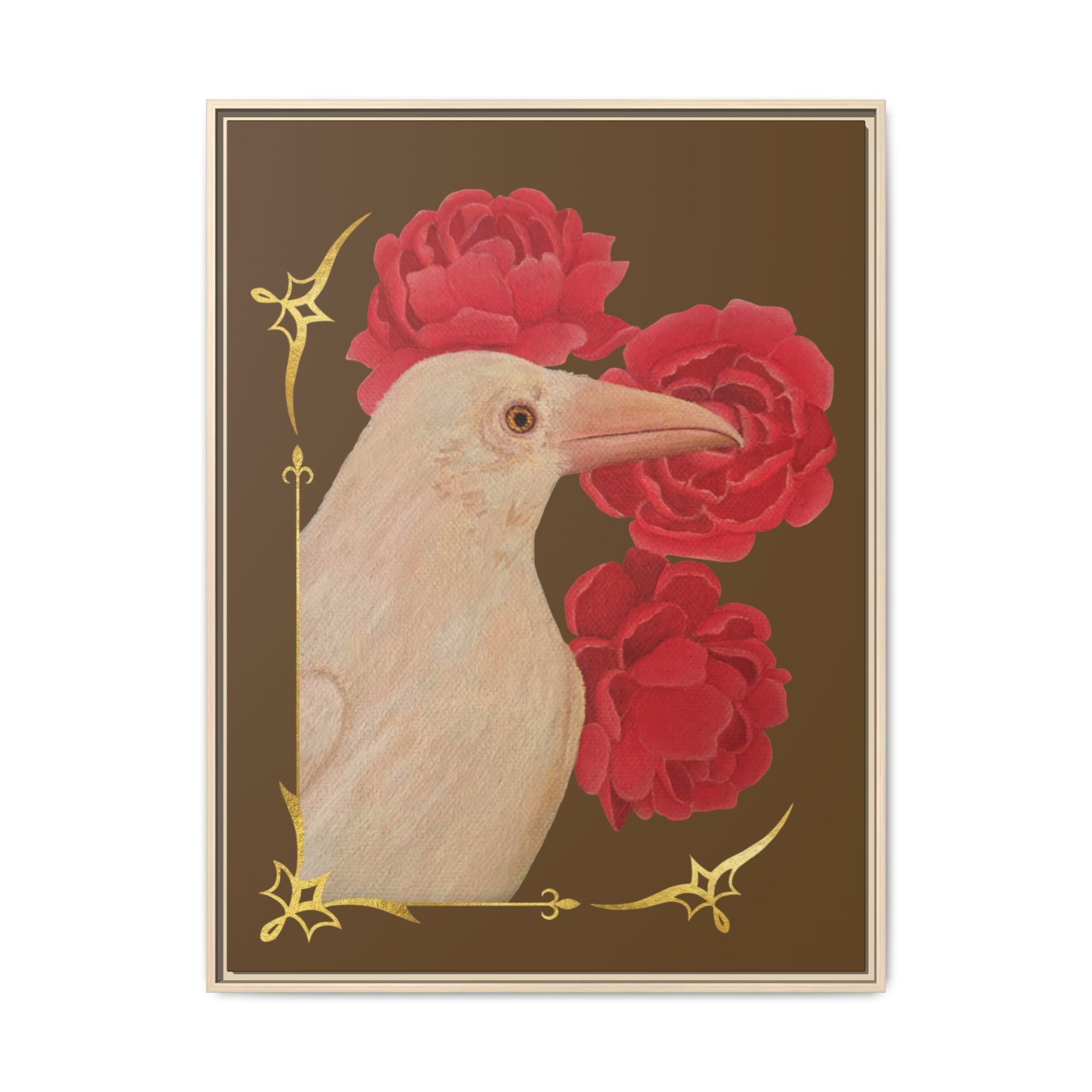 Framed canvas art print of a white raven with red peonies, light wood frame
