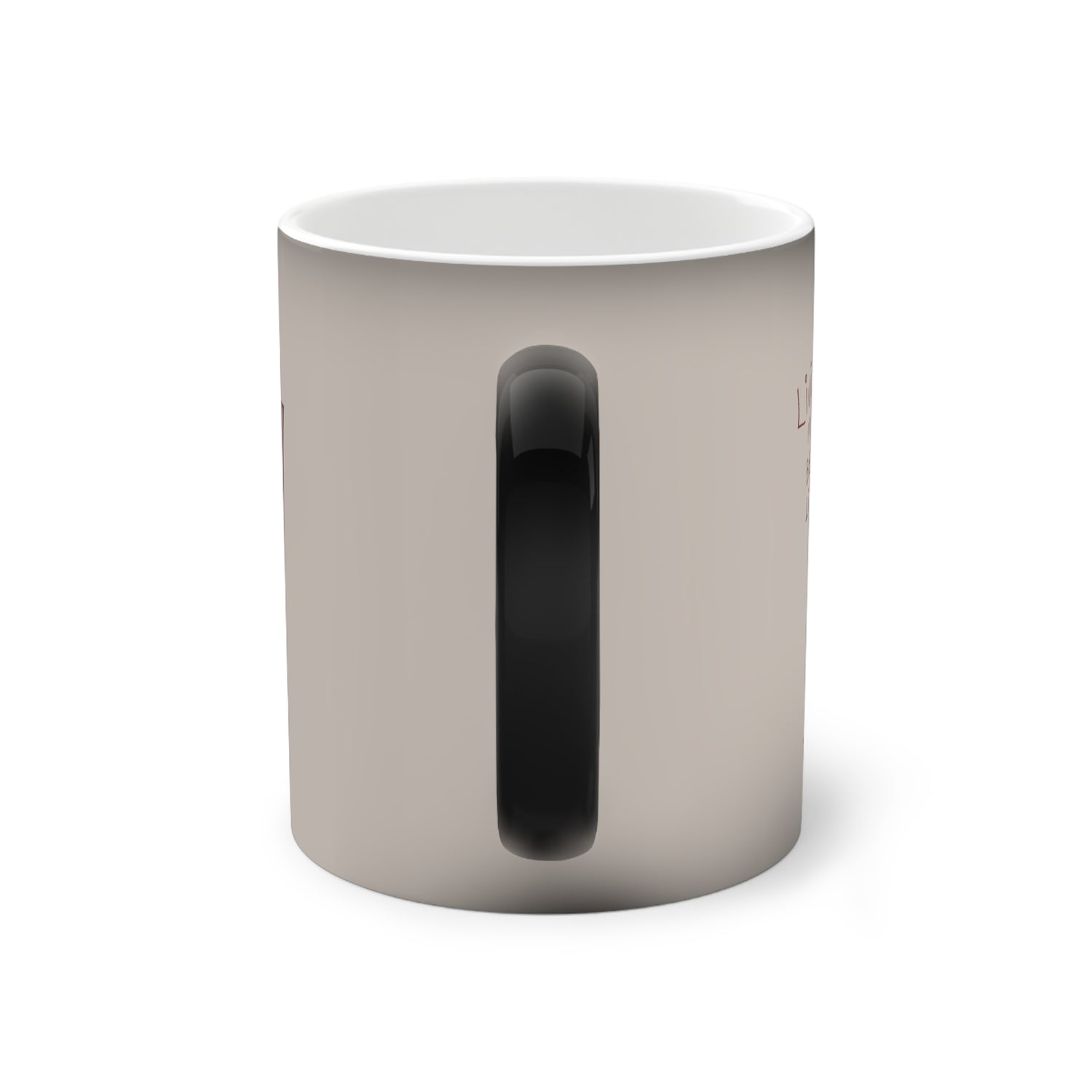 Color-changing mug with glossy black color-change panel in center