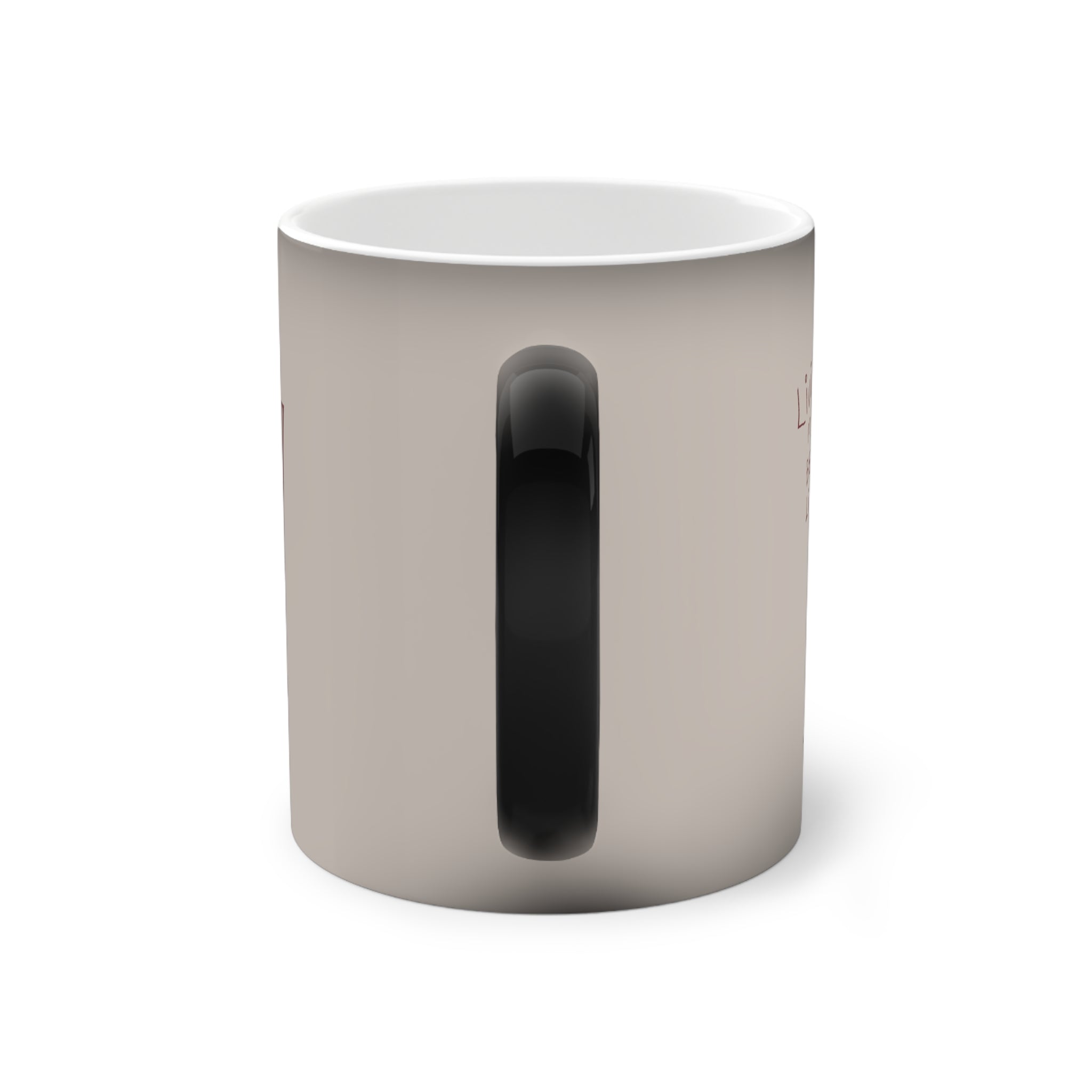 Color-changing mug with glossy black color-change panel in center