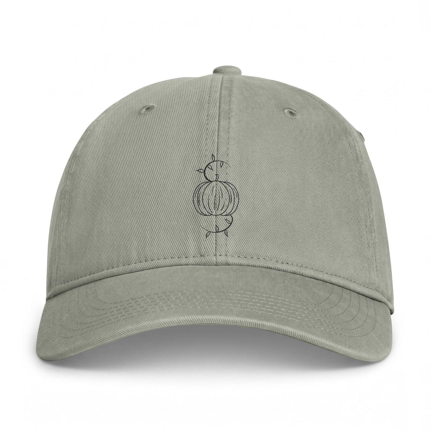Gray-green washed baseball cap with embroidered pumpkin graphic and eyelets