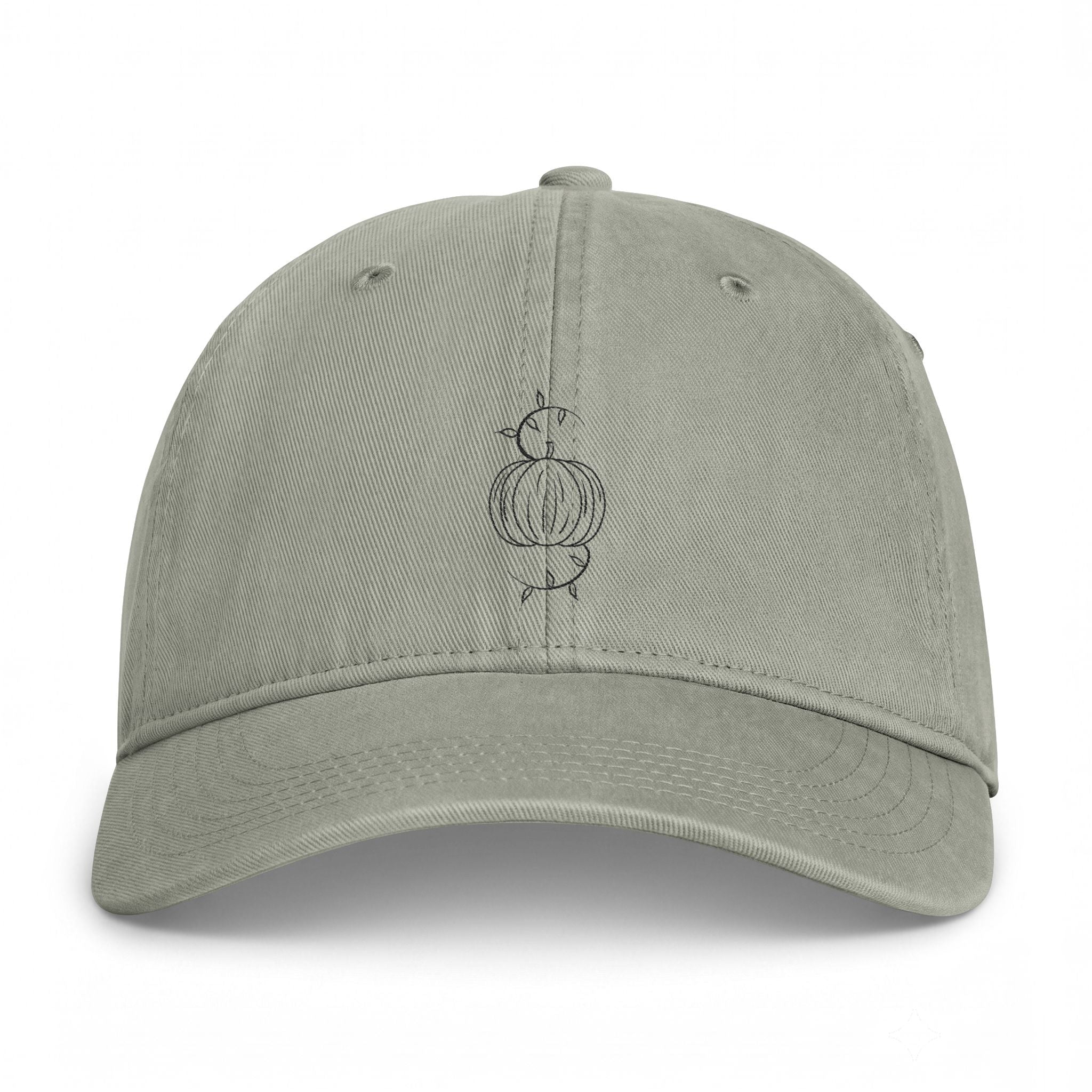 Gray-green washed baseball cap with embroidered pumpkin graphic and eyelets