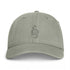 Gray-green washed baseball cap with embroidered pumpkin graphic and eyelets