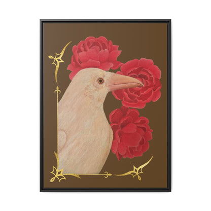 Framed canvas art print of a white raven with red peonies, dark frame