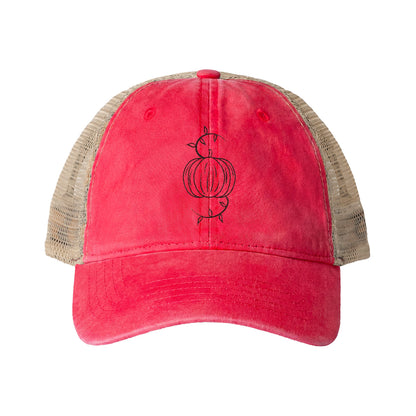 Washed mesh-back cap with red front, beige mesh back, and pumpkin logo embroidery