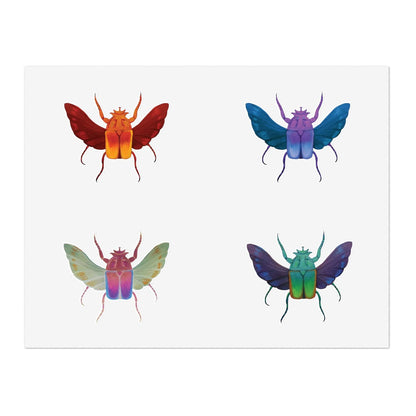 Die-cut insect sticker sheet showing four multicolor winged beetles on white backing.