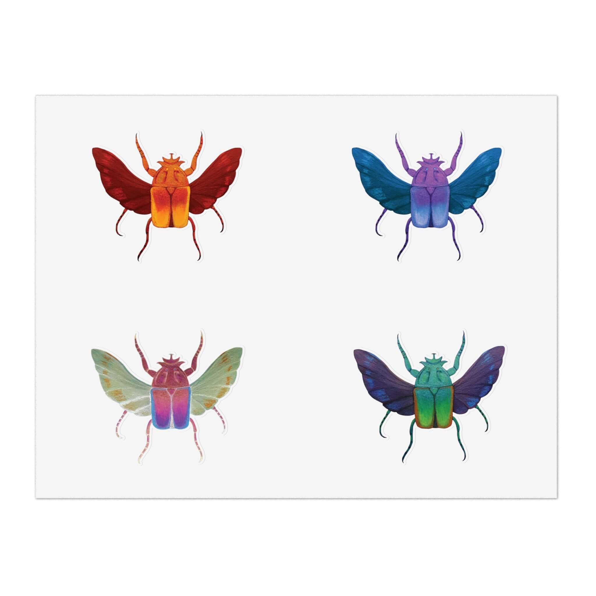 Die-cut insect sticker sheet featuring four winged beetle designs on white backing.