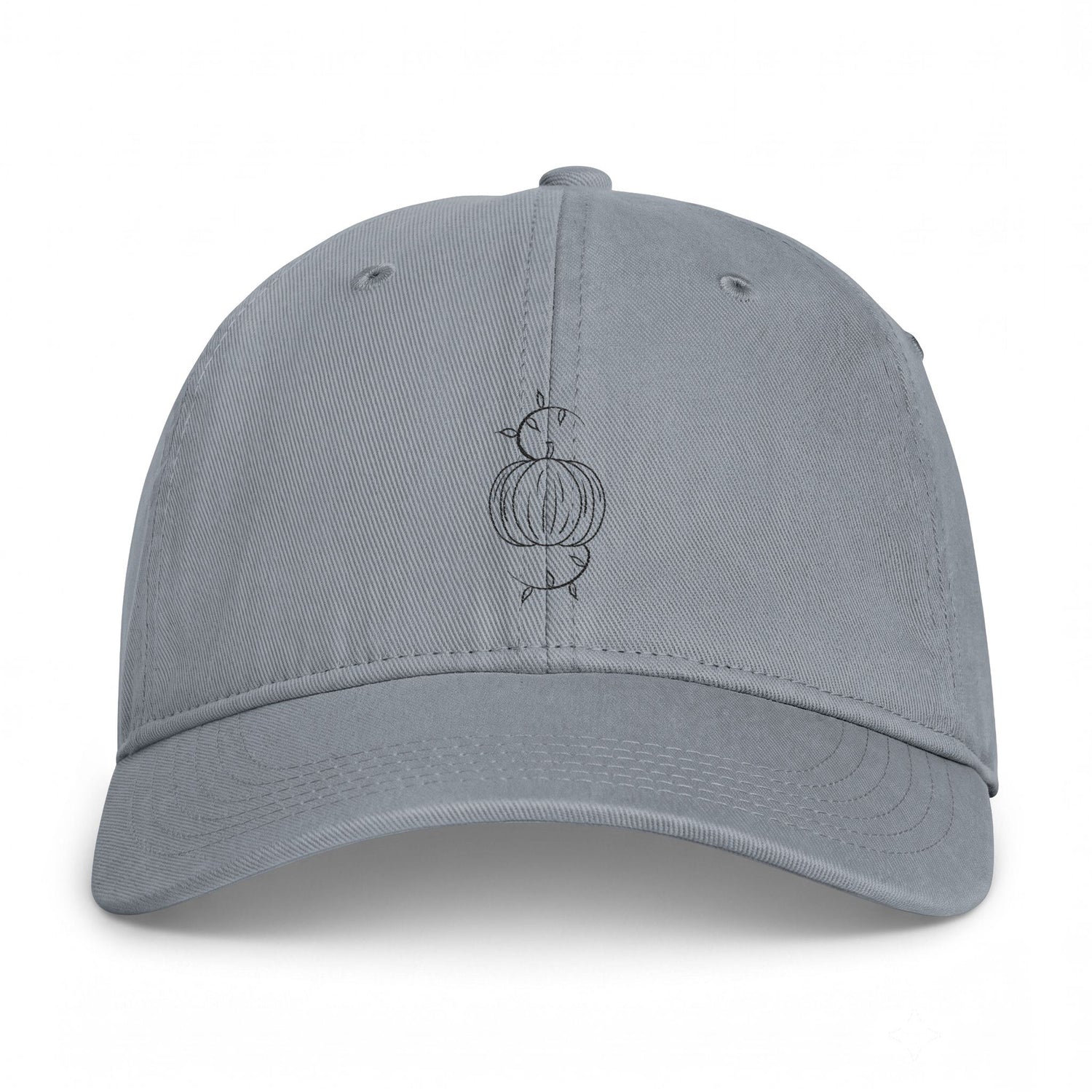 Granite gray washed baseball cap with embroidered pumpkin graphic and eyelets