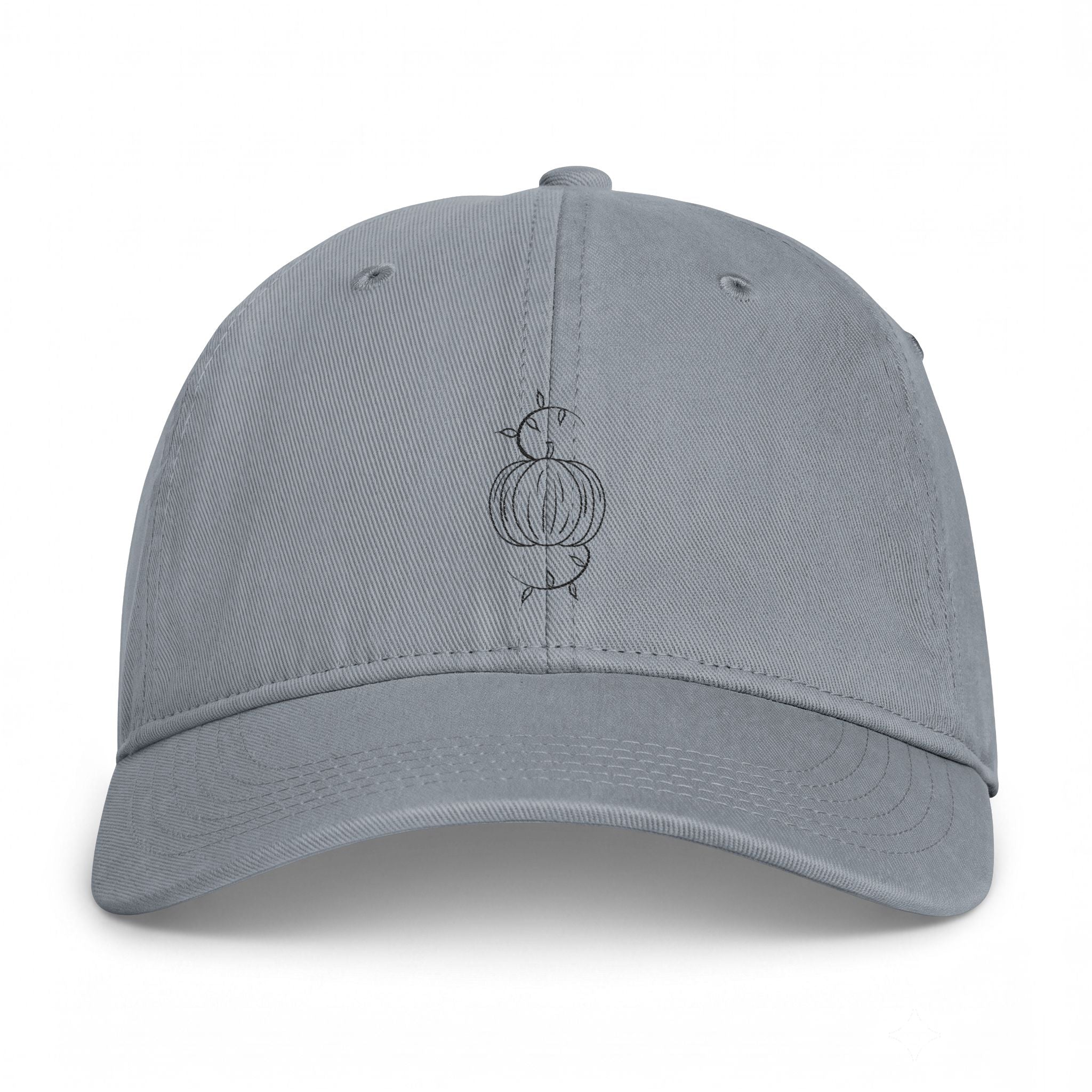 Granite gray washed baseball cap with embroidered pumpkin graphic and eyelets