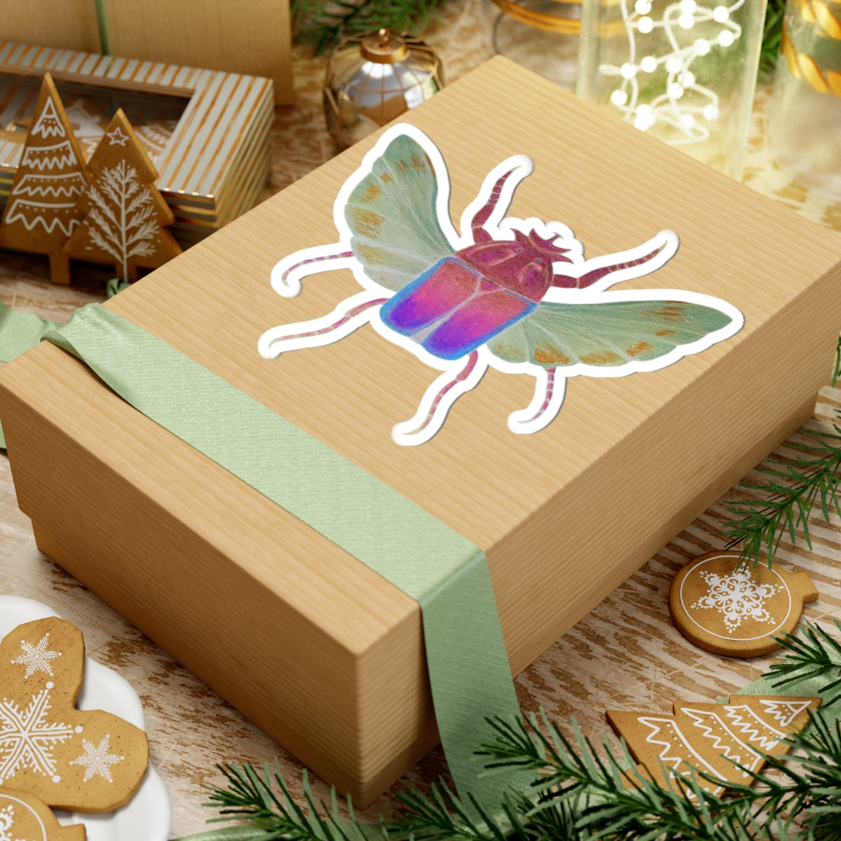 Iridescent beetle kiss-cut sticker with rainbow wings and bright magenta-blue body, white border