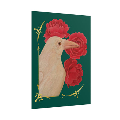 Ivory raven and red peonies poster print with gold corner details