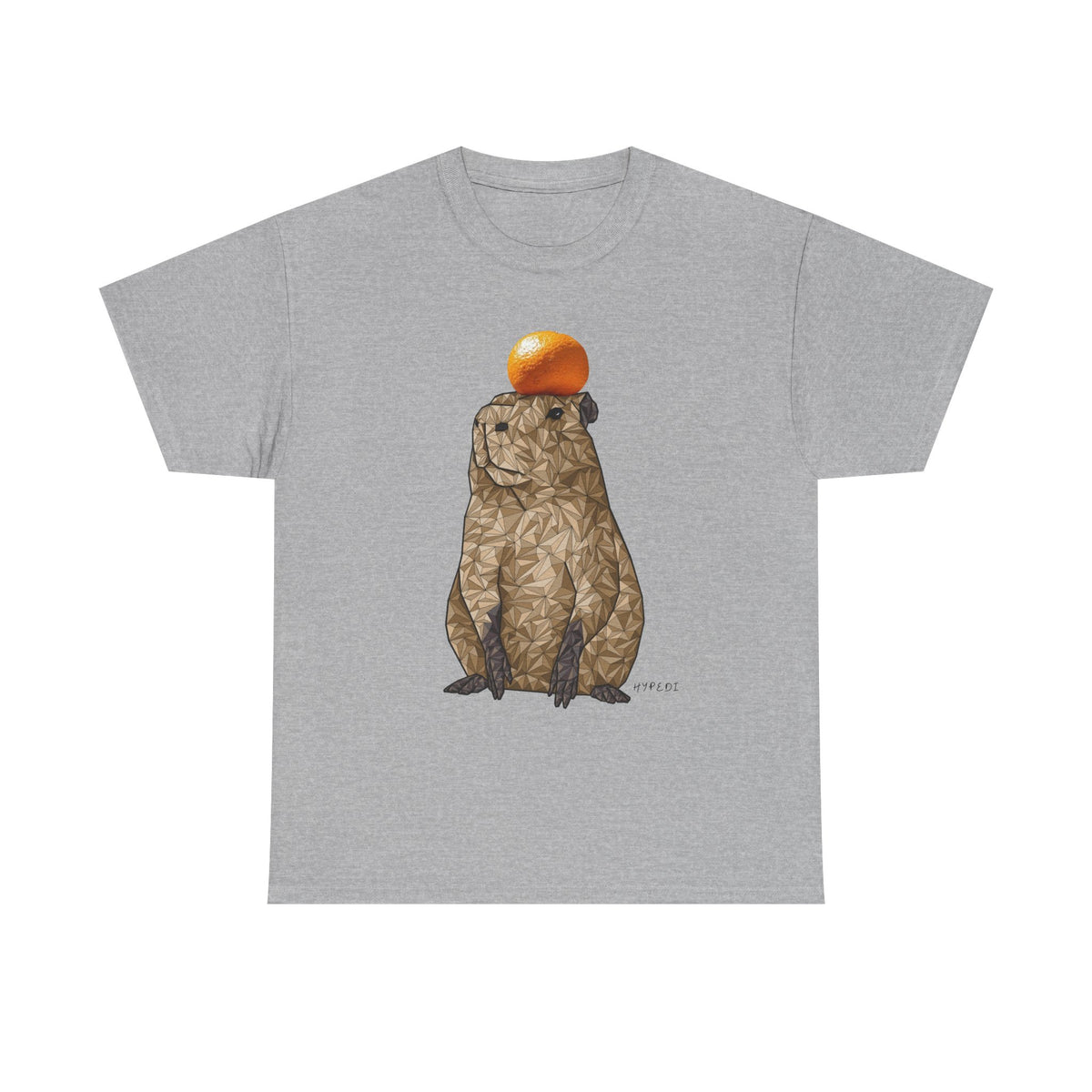 Light gray unisex T-shirt with capybara holding an orange graphic on front