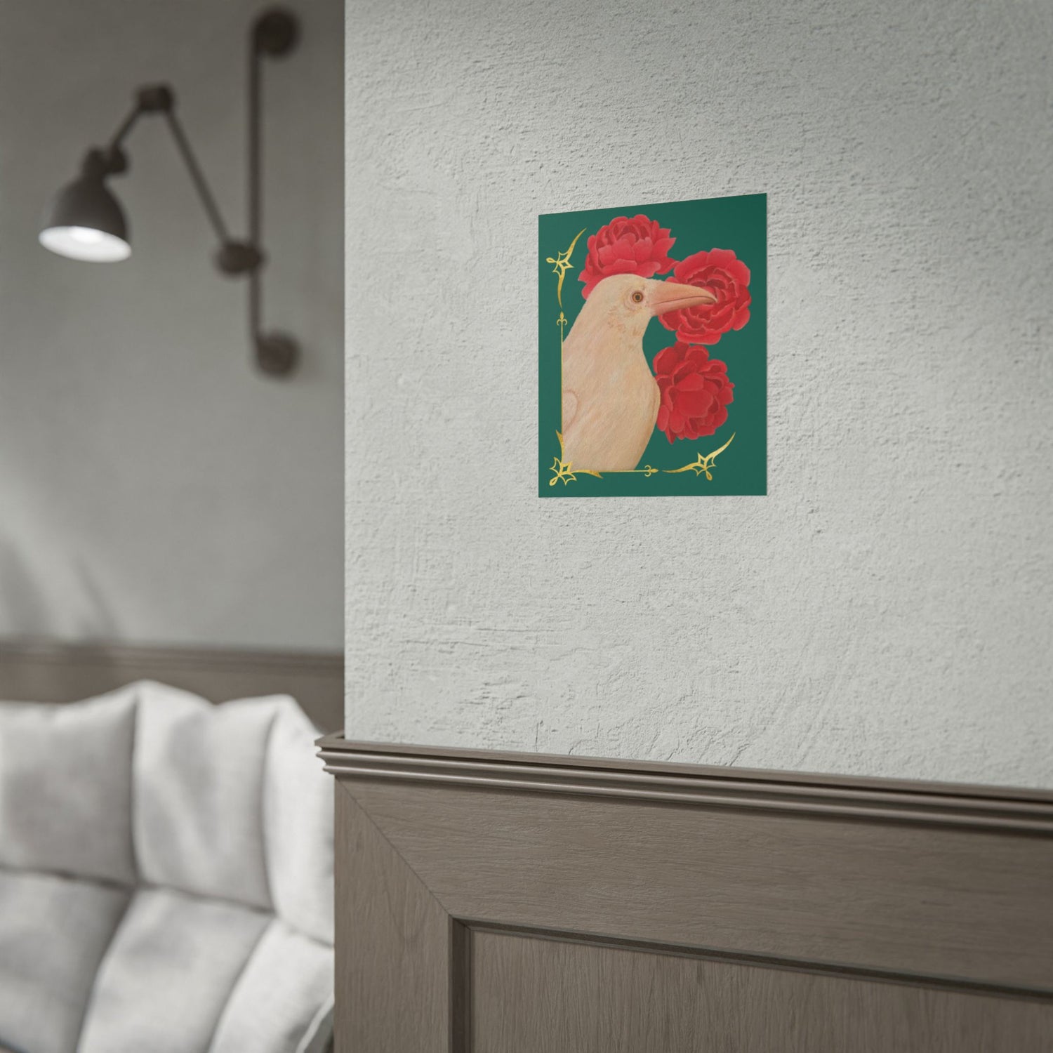 Ivory raven and red peonies wall poster print
