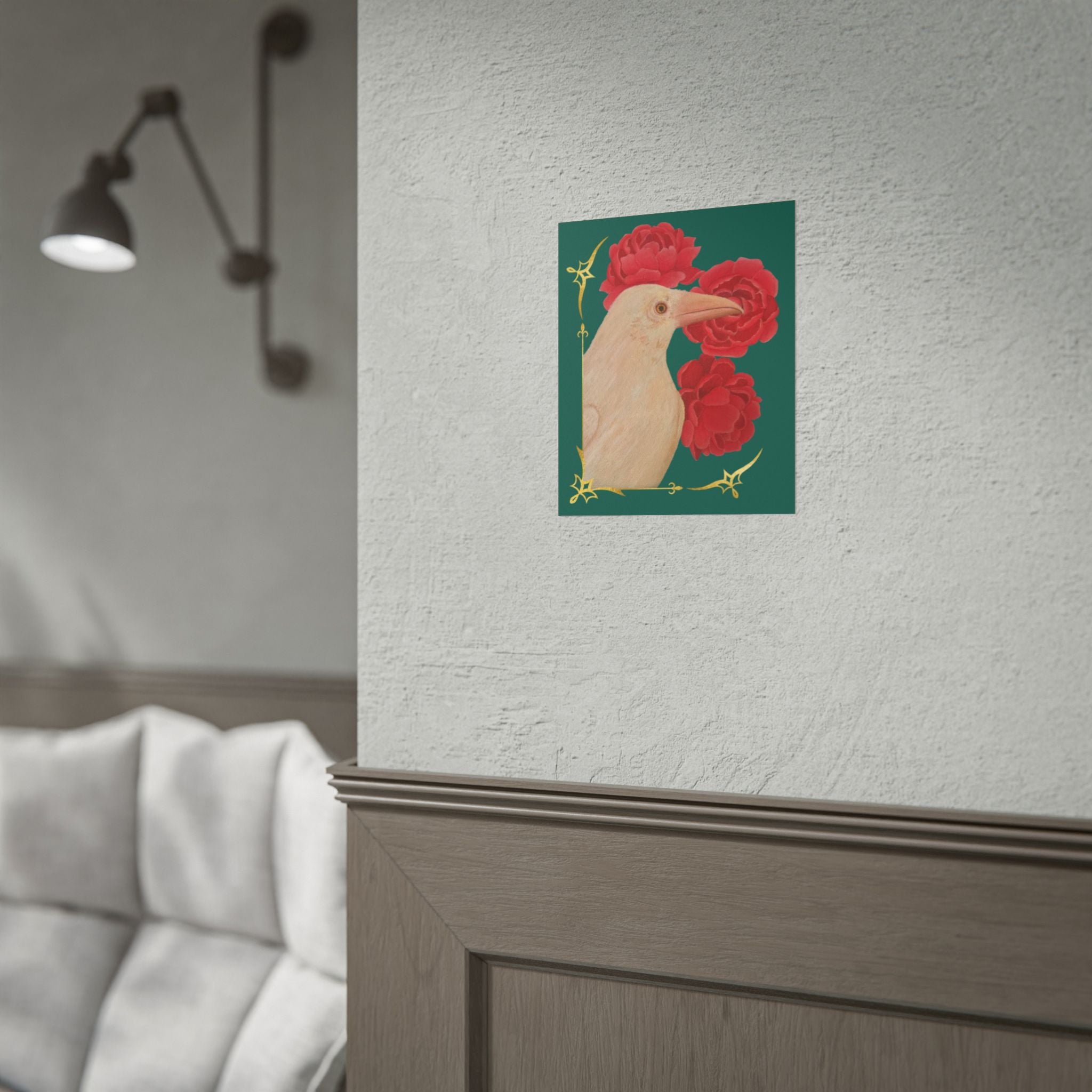 Ivory raven and red peonies art print on wall with gold vine accents