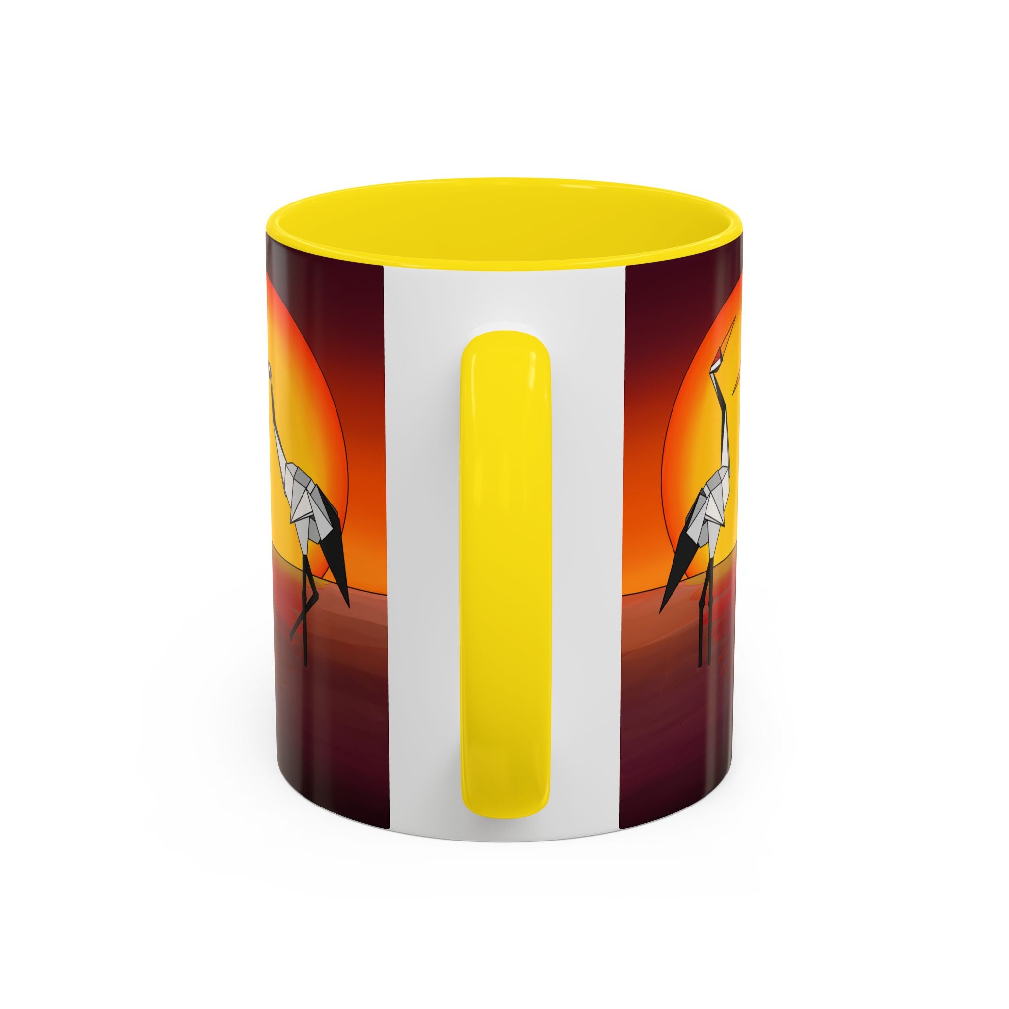 Yellow coffee mug with origami crane side art and a tall vertical yellow stripe