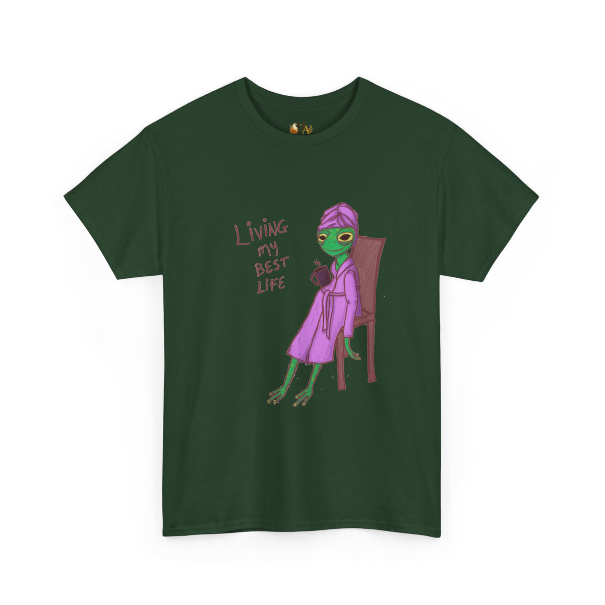 Military green graphic t-shirt with purple alien-girl character and &